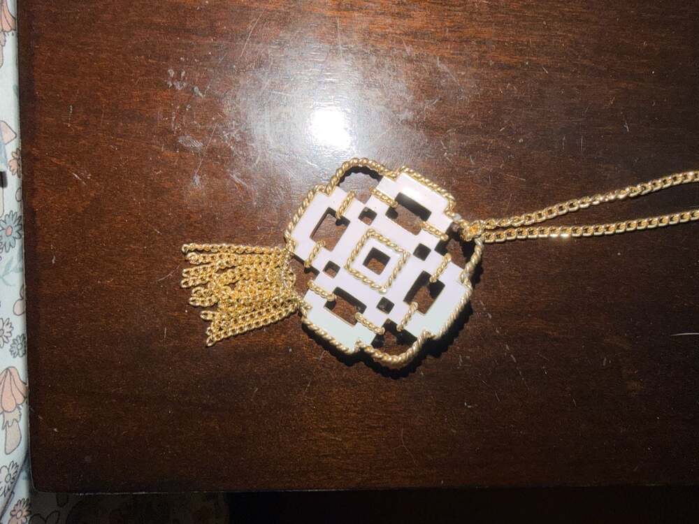 Vintage Avon White Enamel Geometric Tassel Brooch Necklace